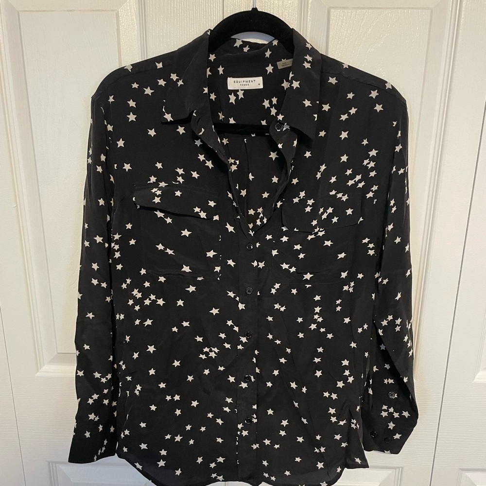 Equipment Long Sleeve Blouse Black Stars Size M 100% silk